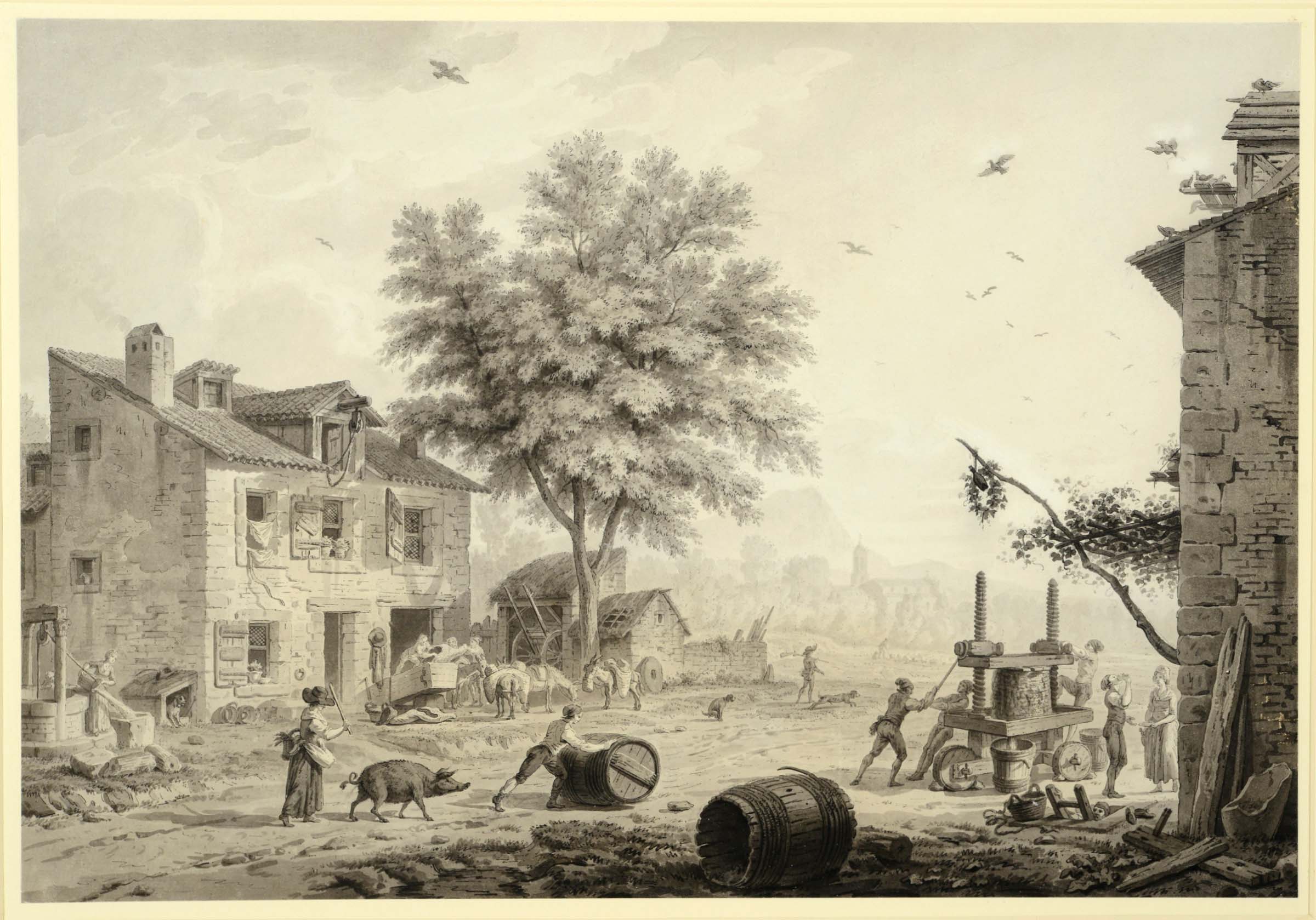 SAMUEL HIERONYMUS GRIMM (1733-1794) A VILLAGE SCENE - THE VENDANGE (GRAPE HARVEST) Pencil with pen