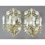 PAIR OF SILVERED WALL LIGHTS, possibly Elkington, the 5 branches on a renaissance style scrolling