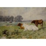 CHARLES COLLINS (1851-1921) COWS IN A RIVERSIDE MEADOW Signed, watercolour heightened with white