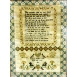 GEORGE III SAMPLER, by Margaret Maish, dated 1816, worked with a rhyme and surrounded by a floral