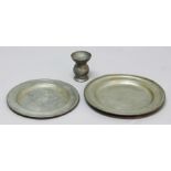 TWO PEWTER DINNER PLATES, one inscribed Siren to the reeded rim and stamped Charles Bray, Cranbourne