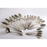 A SET OF SIX GEORGE III SCOTTISH OAR PATTERN TABLE SPOONS & FOUR TEA SPOONS, initialled "G", by