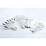 ASSORTED FIDDLE PATTERN:- Eleven table forks, six dessert forks, one tea spoons and a set of