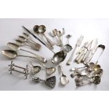 A MISCELLANEOUS LOT:- Two table spoons, a pair of Scottish toddy ladles, two caddy spoons, eleven