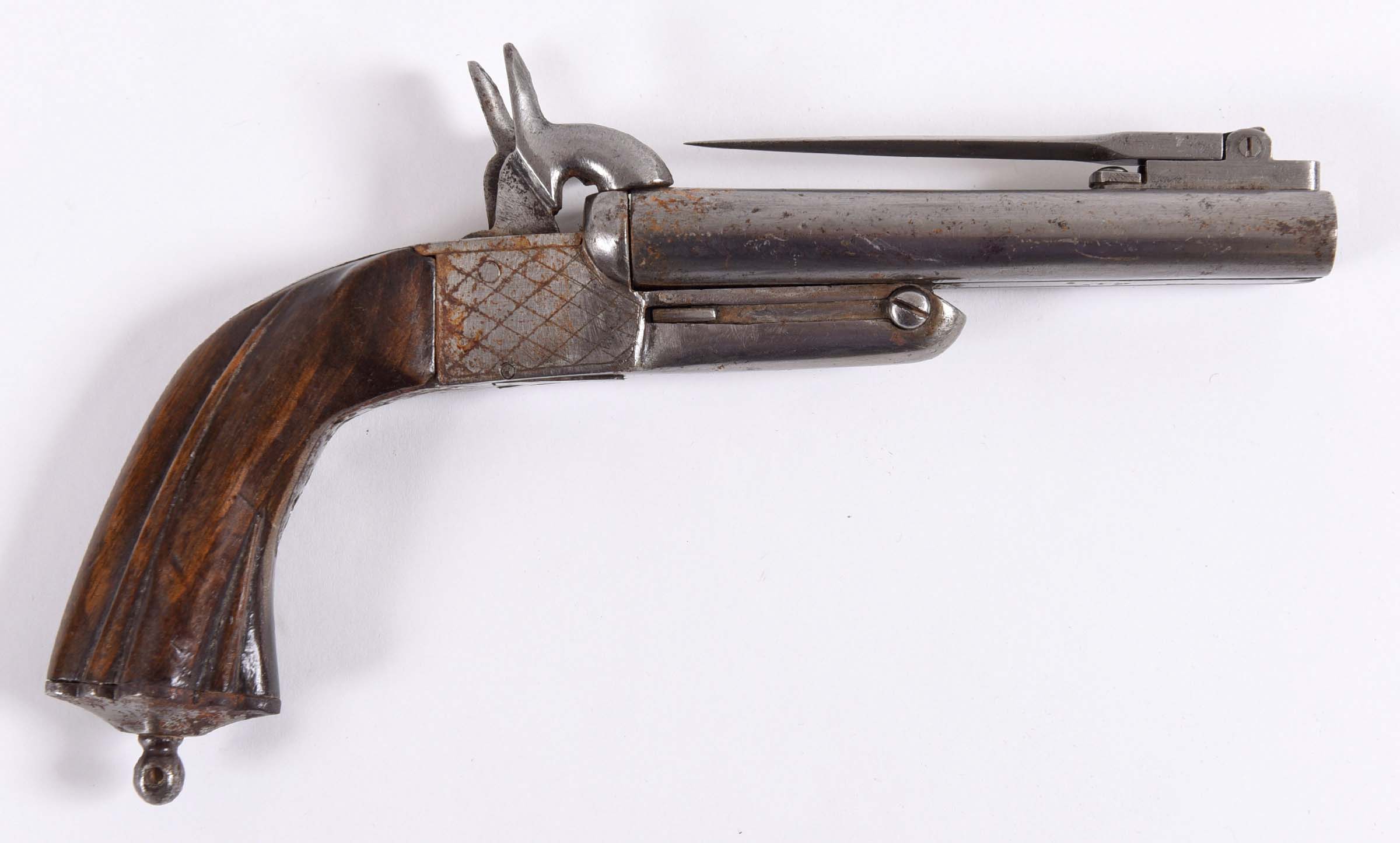 A PIN FIRE DOUBLE-BARRELLED PISTOL & BAYONET a continental pin fire double barrelled pistol and