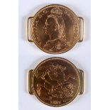 A MOUNTED TWO POUND GOLD PIECE. A Victorian Golden Jubilee 1887 dated, mounted Two Pound Piece.