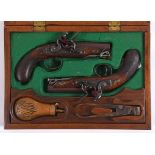 A CASED PAIR OF BLANCH FLINTLOCK TRAVELLING PISTOLS. A pair of John Blanch of London travelling or