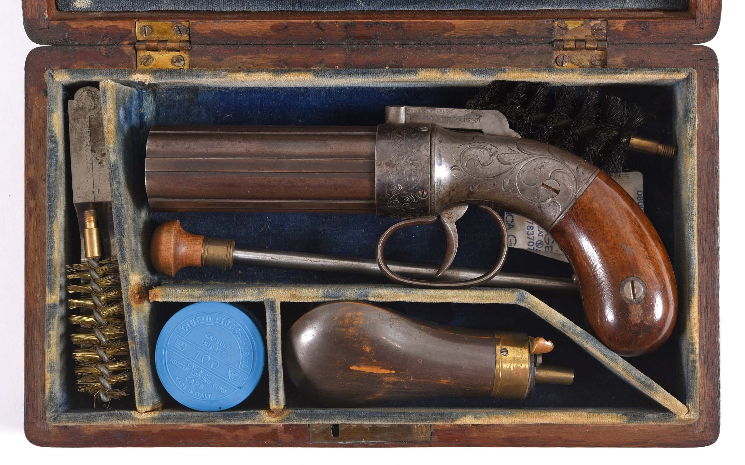 A CASED PEPPERBOX PISTOL - ALLEN'S PATENT a 6 shot pepperbox percussion pistol, with engraved action