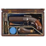 A CASED PEPPERBOX PISTOL - ALLEN'S PATENT a 6 shot pepperbox percussion pistol, with engraved action