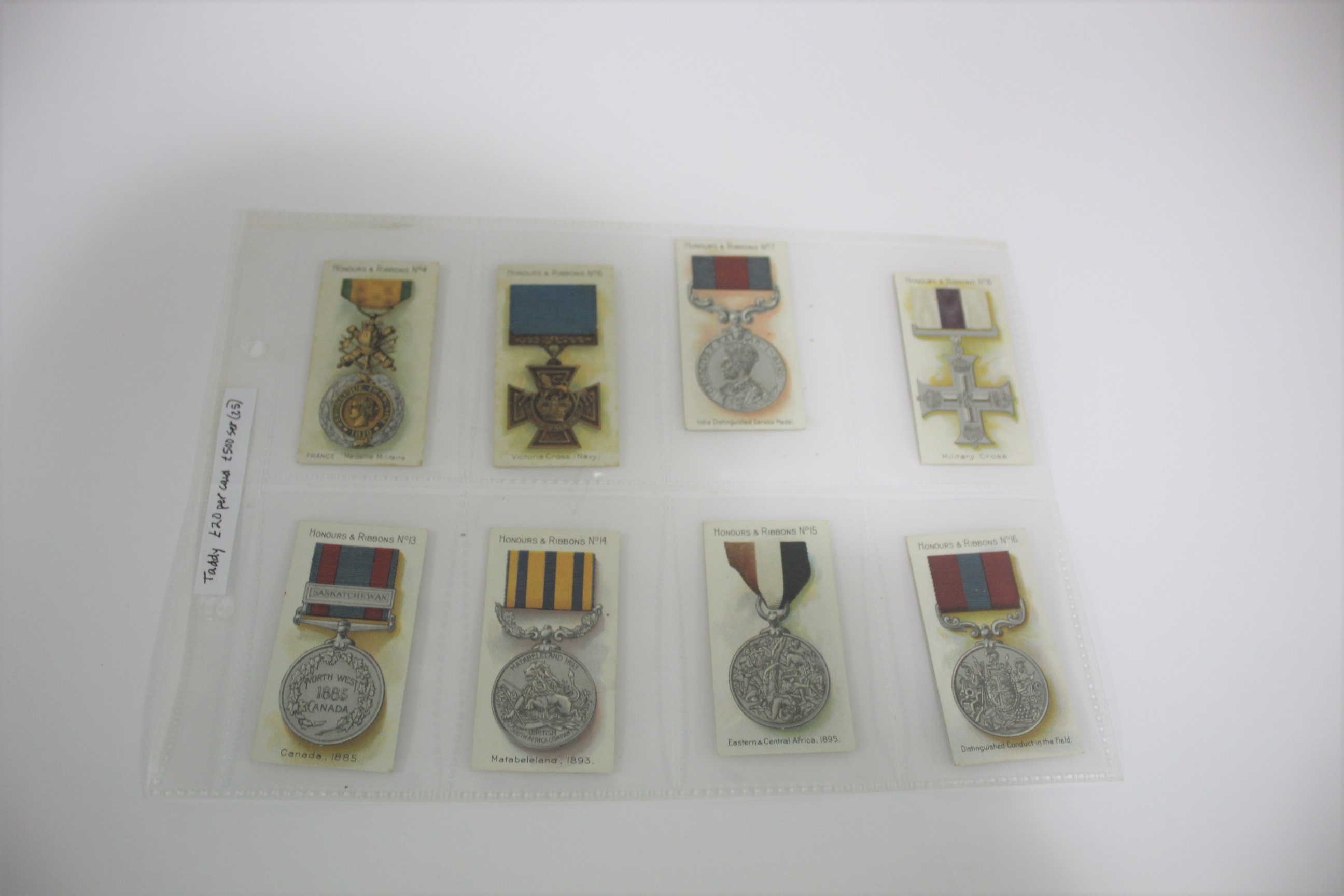 TADDY & CO CIGARETTE CARDS including 12 Honours & Ribbons cards (No 18, 19, 20, 6, 4, 6, 7, 8, 13,