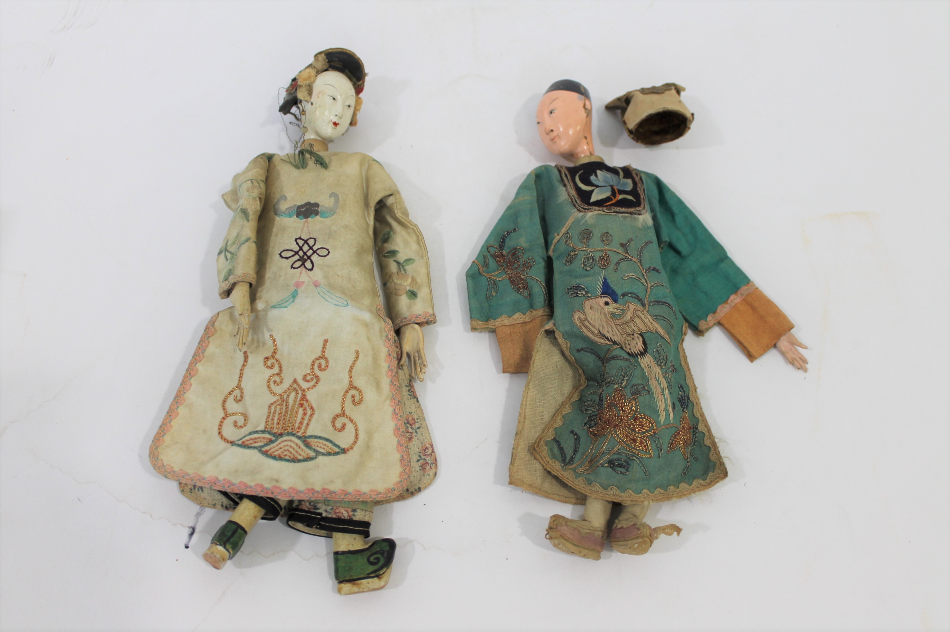 Antique Chinese Dolls And Clothing 2 Chinese Wooden Dolls Probably Late 19thc Both Dolls With Emb