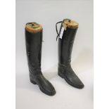 PAIR OF LEATHER RIDING BOOTS & TREES a pair of black leather hunting boots, the wooden trees with