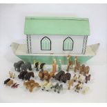 NOAH'S ARK & ANIMALS - WAR RELIEF TOY WORKS a painted pine wooden Noah's Ark, with an opening on one