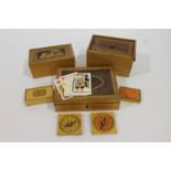 TUNBRIDGE BOXES A games box with two markers, cribbage board and playing cards, two boxes with