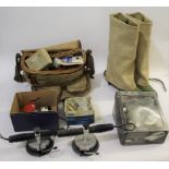 FISHING ACCESSORIES including a pair of waders (size 10), a wicker and canvas fishing basket