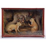 CASED SQUIRRELS two squirrels mounted in a wooden and glazed case, the interior with printed