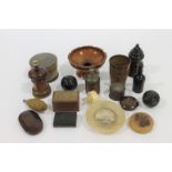 TREEN A group of twelve small boxes and other items including a nutmeg grater, thread holder,