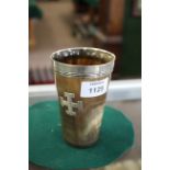 VICTORIAN HORN & SILVER MOUNTED BEAKER a horn beaker with a cross emblem on one side, mounted with a