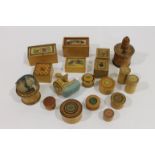 TUNBRIDGE BOXES A thread holder, a needlework clamp with pincushion top and fifteen various boxes