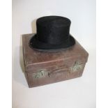 LEATHER CASED TOP HAT & FITTED CASE - H GREAVES an unusual square leather case, with a fitted