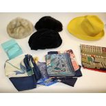 VINTAGE HATS & SCARVES including a Mitzi Lorenz bright yellow felt hat, a black velvet Mitzi