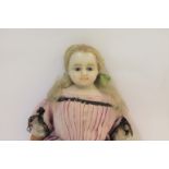 19THC WAX DOLL a circa 1865 English poured wax doll, with implanted blonde hair, blue glass eyes and