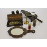 CHEMIST'S BALANCE A chemist's balance in box, two monoculars, an adjustable brass magnifier and a