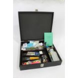 FLY TYING BOX & ACCESSORIES a wooden box with a variety of fly tying accessories, including feathers