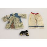 ANTIQUE DOLLS CLOTHING including a Oriental outfit for a doll around 17ins, including boots. Also