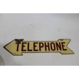 ENAMEL SIGN - TELEPHONE a double sided arrow shaped directional sign, Telephone. 58cms long