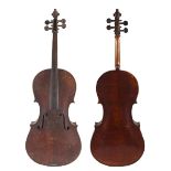 ANTIQUE GERMAN CELLO a late 19thc cello with a two piece back, the tuning pegs probably made in