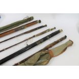VARIOUS FISHING RODS including a large Hardy 3 piece rod with 2 tops (tops damaged and missing their