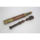 ANTIQUE TELESCOPE & UNUSUAL TRUNCHEON a 3 drawer brass and wooden antique telescope (no makers