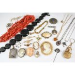 A QUANTITY OF JEWELLERY IN A RED LEATHER JEWELLERY BOX including two coral necklaces, four shell