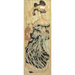 JAPANESE WOODBLOCK PRINT, 19th century, of a geisha holding a scroll of documents, on two sheets,