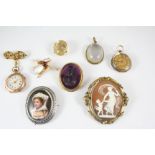 A QUANTITY OF JEWELLERY including a moonstone insect brooch, an enamel portrait brooch, a large oval