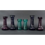 THREE PAIRS OF HYACINTH VASES, to include 'Bristol' blue, amethyst and green, 20cm to 15cm (6)