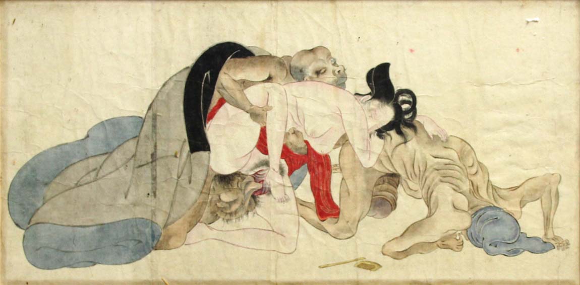 SET OF FOUR JAPANESE SHUNGA WOODBLOCK PRINTS, each one of a maiden and two men in erotic - Image 4 of 4