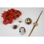 A QUANTITY OF JEWELLERY including a lady's 9ct. gold wristwatch, a coral bracelet, a broken coral