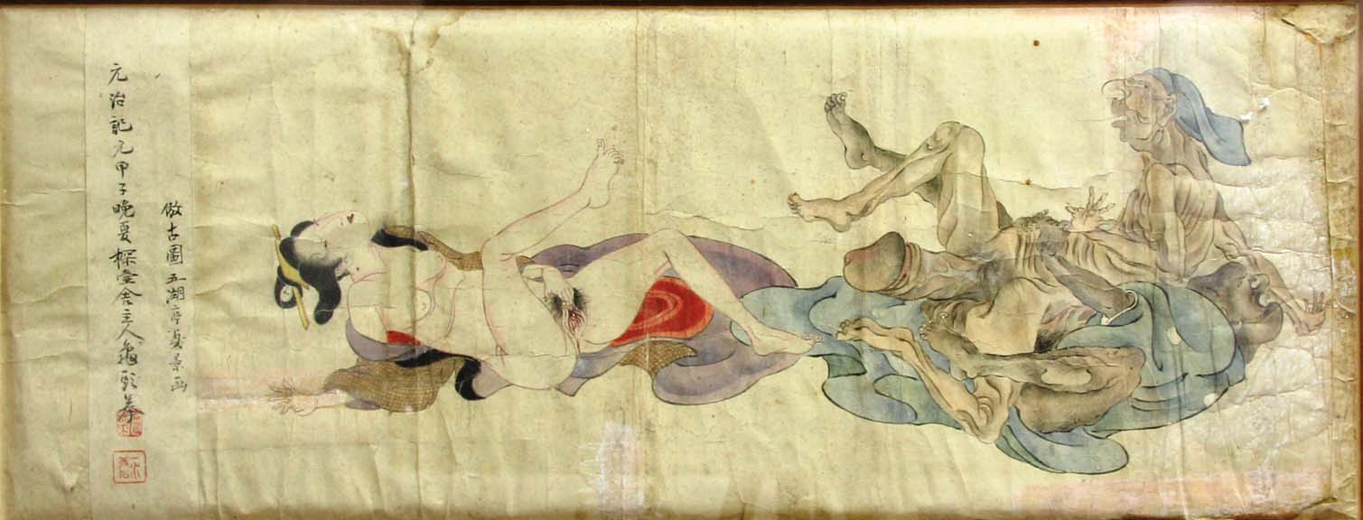 SET OF FOUR JAPANESE SHUNGA WOODBLOCK PRINTS, each one of a maiden and two men in erotic