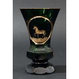 BOHEMIAN GREEN GLASS VASE, late 19th century, engraved and picked out in gilt with a horse roundel