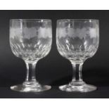 PAIR OF VICTORIAN GLASS GOBLETS, the rounded bowl with faceted base and fruiting vine engraved