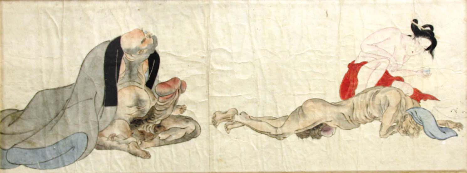 SET OF FOUR JAPANESE SHUNGA WOODBLOCK PRINTS, each one of a maiden and two men in erotic - Image 2 of 4