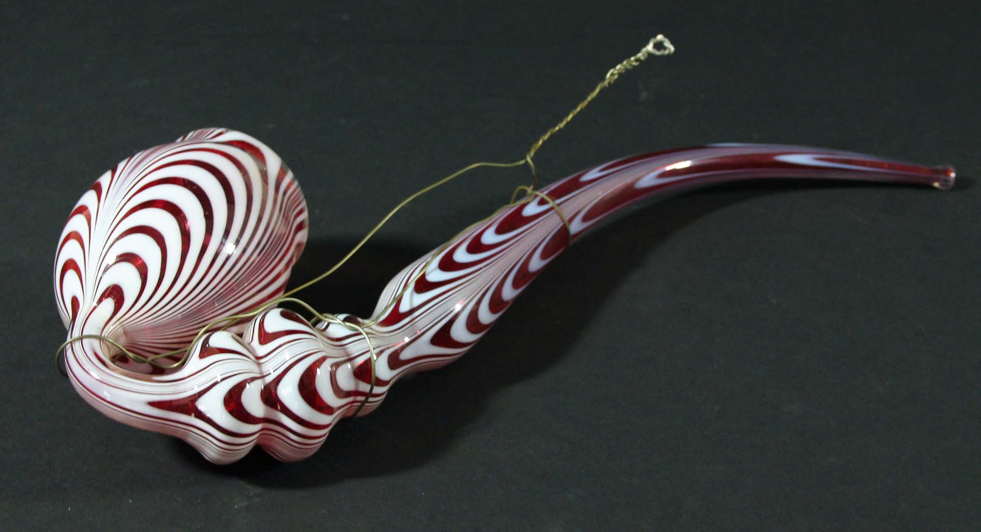 NAILSEA GLASS PIPE, with red and white striations, height 39cm; together with a Nailsea walking - Image 2 of 2
