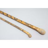 JAPANESE BAMBOO HIKING STICK, Meiji, carved with a twisting snake chasing a beast, three character