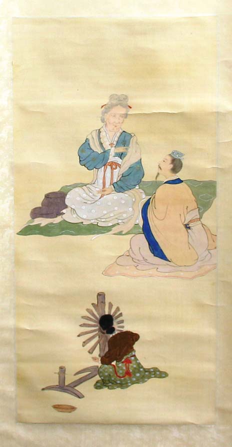 COLLECTION OF FOUR CHINESE SCROLL PAINTINGS, of figural scenes to include a master and pupil with