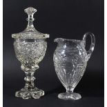 GLASS VASE AND COVER, 19th century, a roundel surrounded by cut decoration, knopped stem and