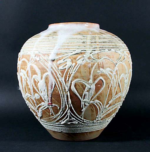 JAPANESE MASHIKO STONEWARE VASE, 20th century, of ovoid form, a thick translucent glaze above