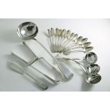 ASSORTED FIDDLE PATTERN:- A pair of Victorian serving tongs, crested, by W.R. Sobey, Exeter 1838,