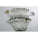 A QUANTITY OF ANTIQUE IRISH FIDDLE PATTERN EGG SPOONS and a pair of Fiddle & Shell egg spoons, mixed